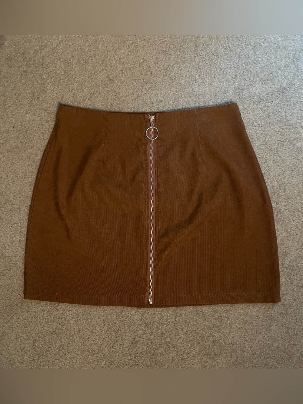 Brown Ribbed Suede Mini Skirt with Silver Circle Zipper
